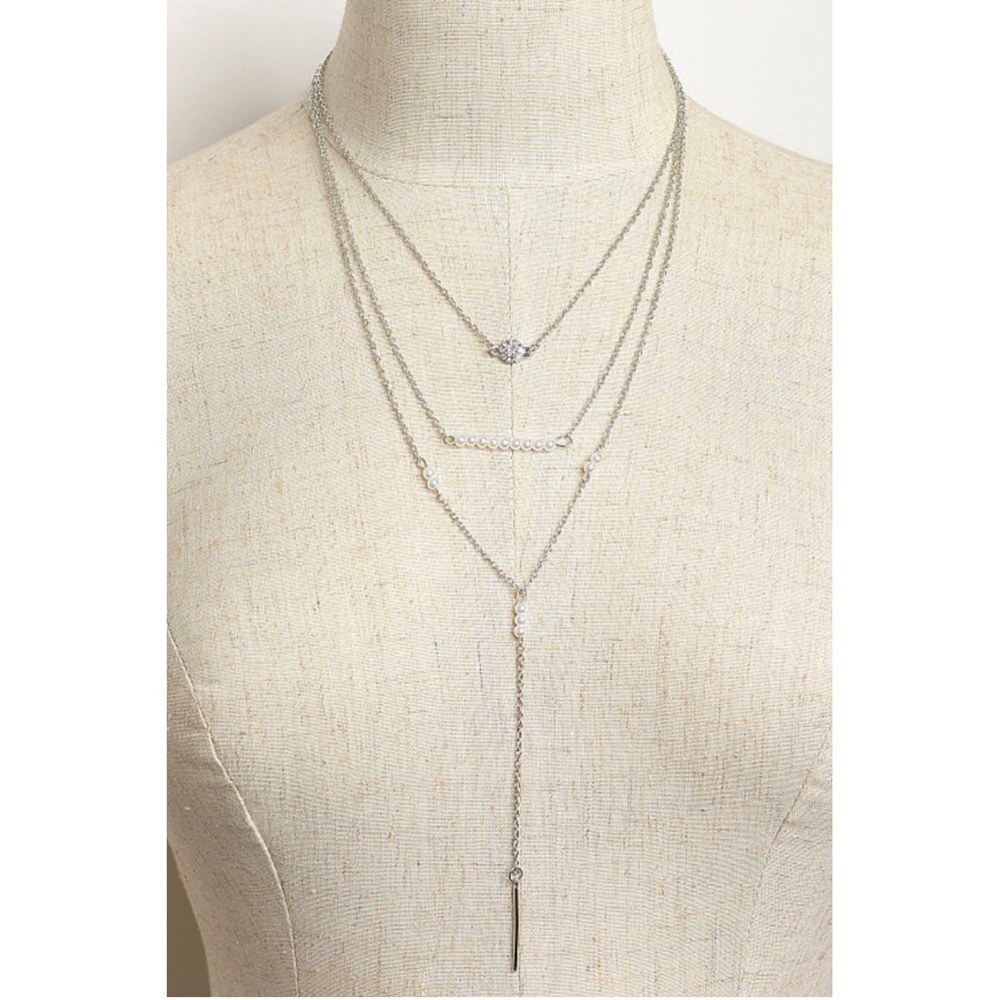 Silver Triple Layer Stone Pearl Design Necklace